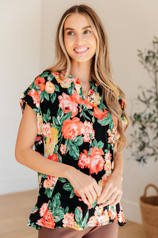 Cap Sleeve Top in Black Garden Floral