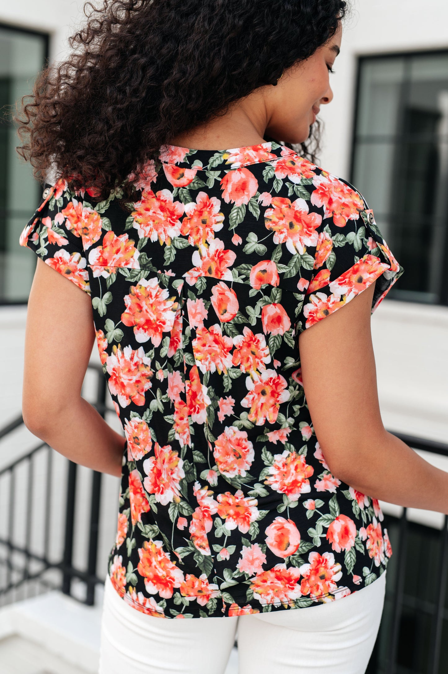 Cap Sleeve Top in Black and Coral Floral