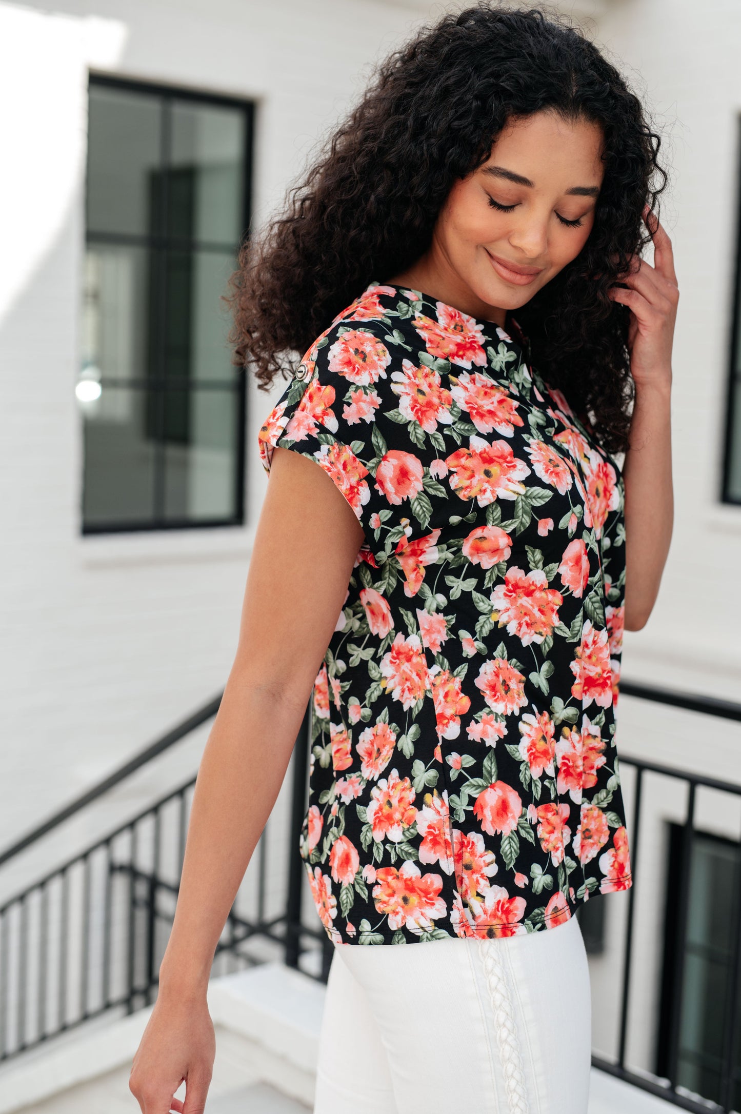 Cap Sleeve Top in Black and Coral Floral