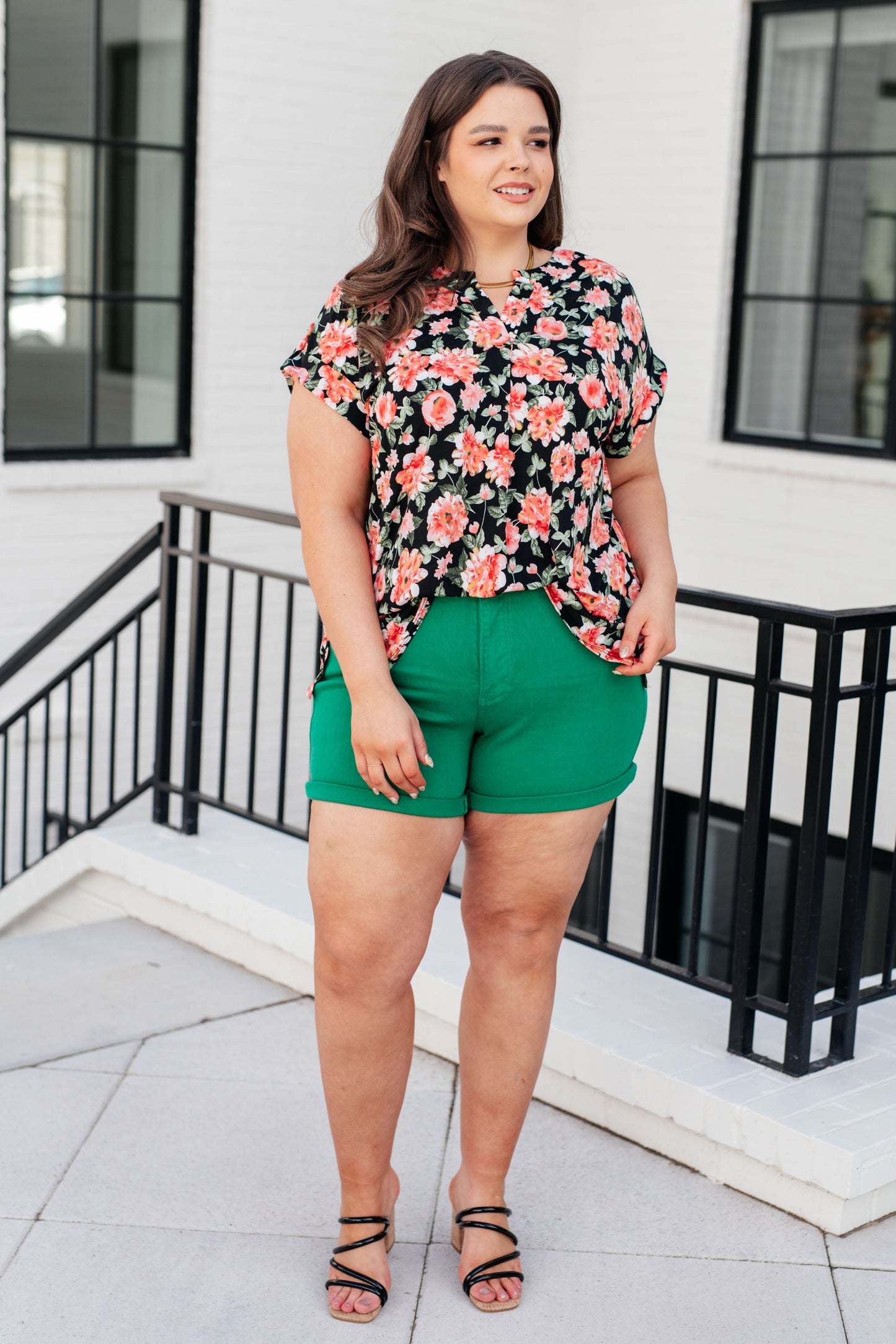 Cap Sleeve Top in Black and Coral Floral