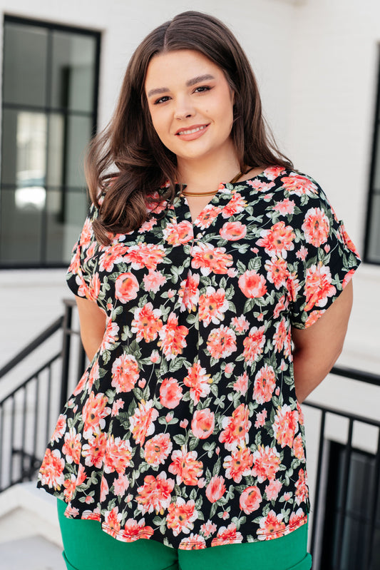 Cap Sleeve Top in Black and Coral Floral