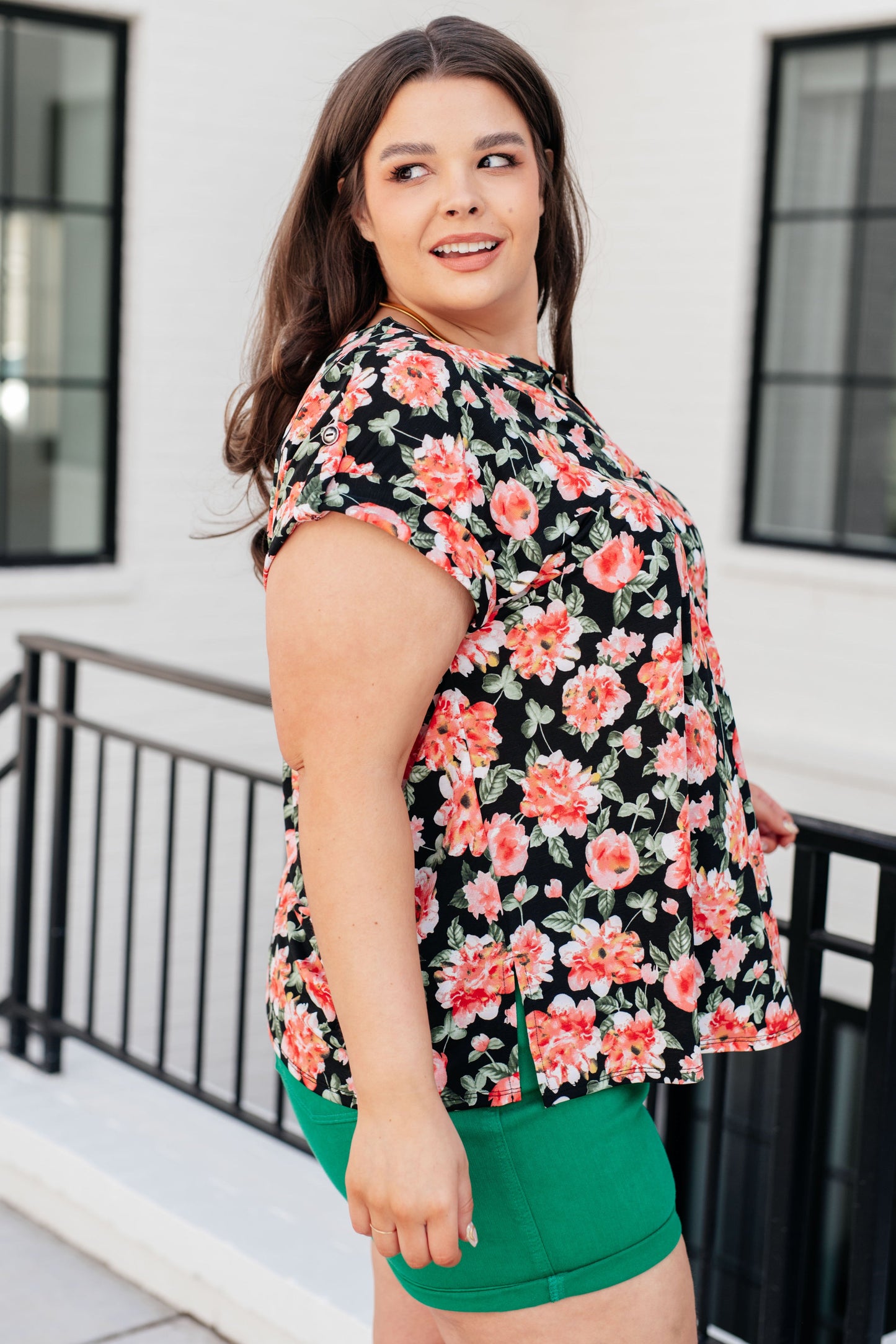 Cap Sleeve Top in Black and Coral Floral