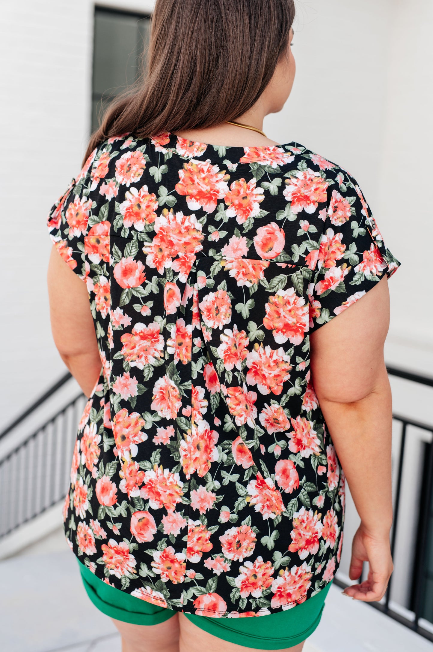 Cap Sleeve Top in Black and Coral Floral