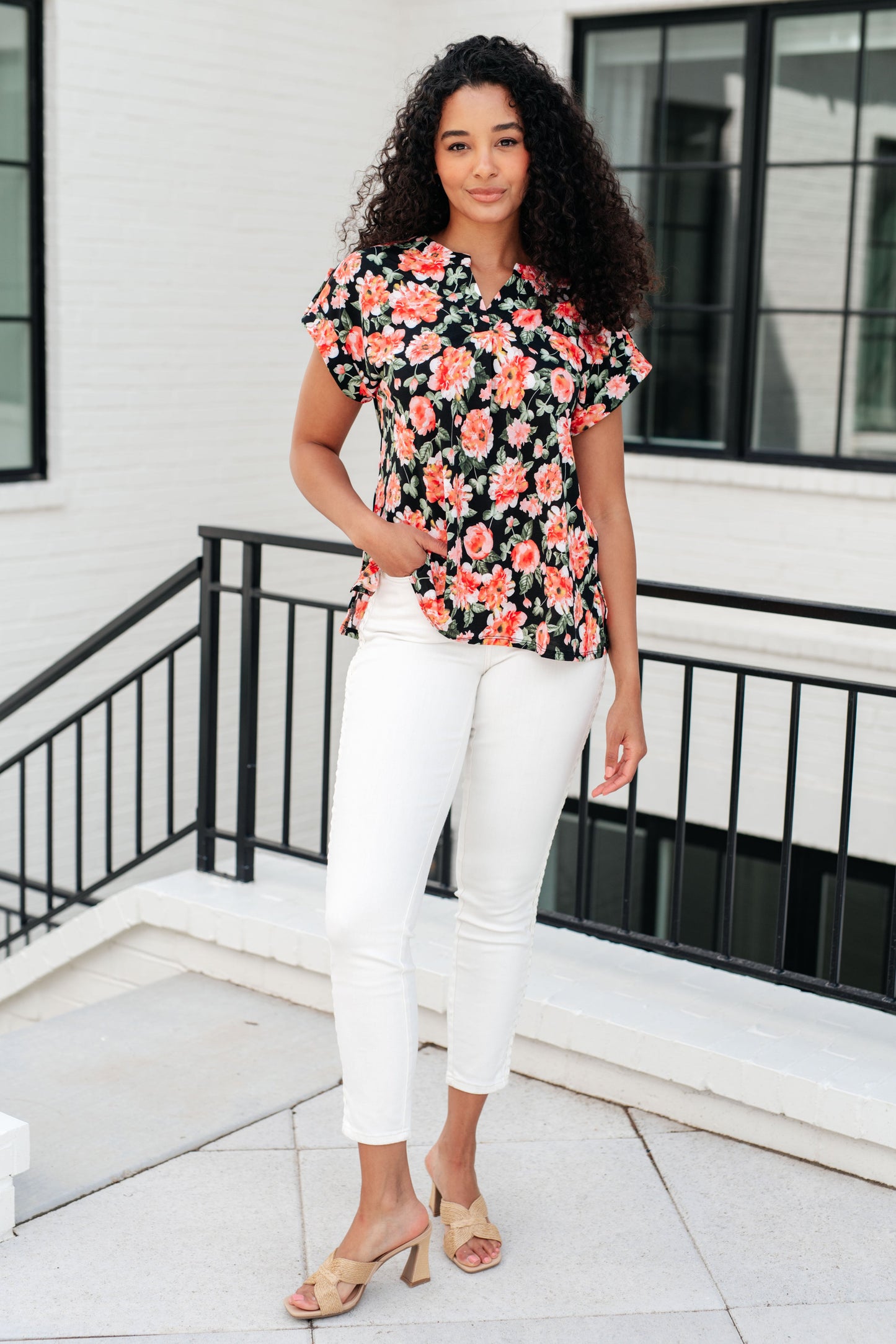 Cap Sleeve Top in Black and Coral Floral