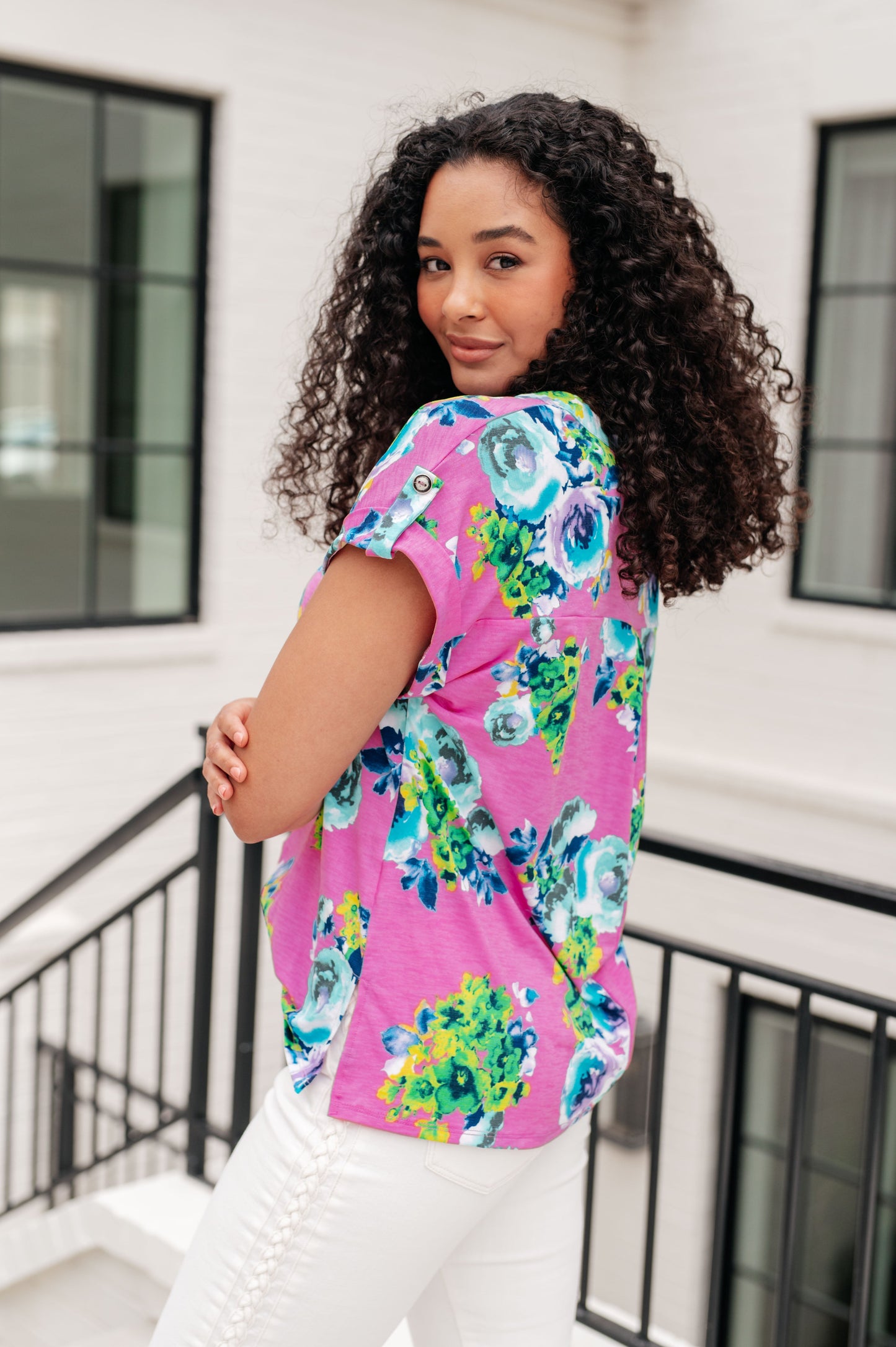 Cap Sleeve Top in Coral and Blue Floral