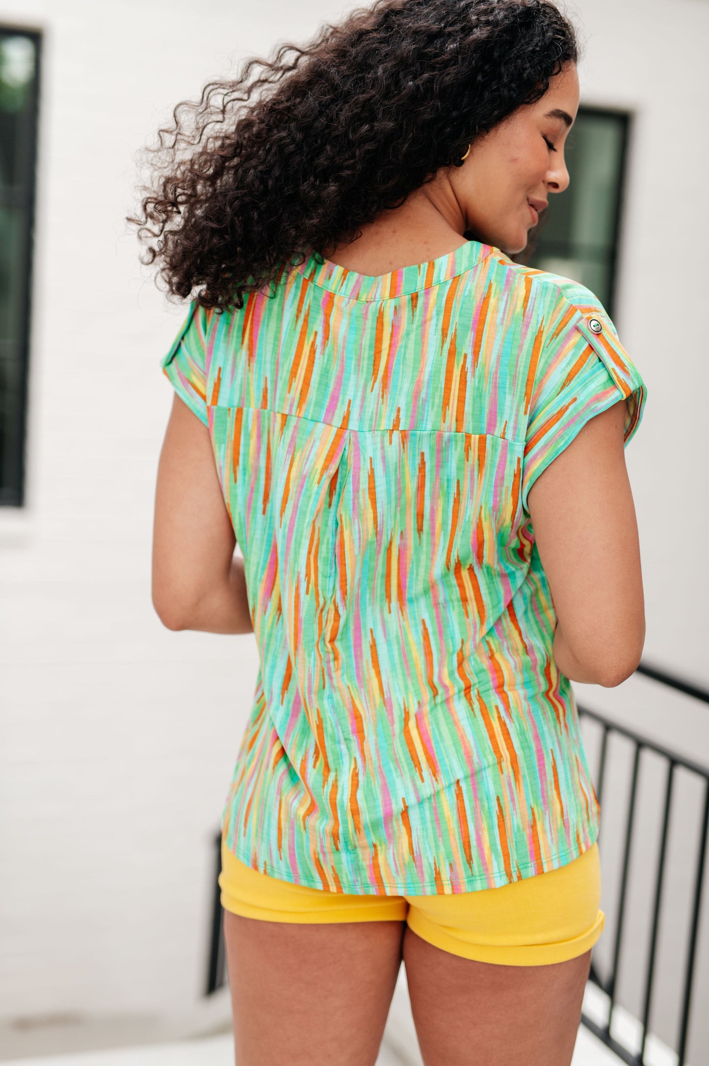 Cap Sleeve Top in Lime and Emerald Multi Stripe