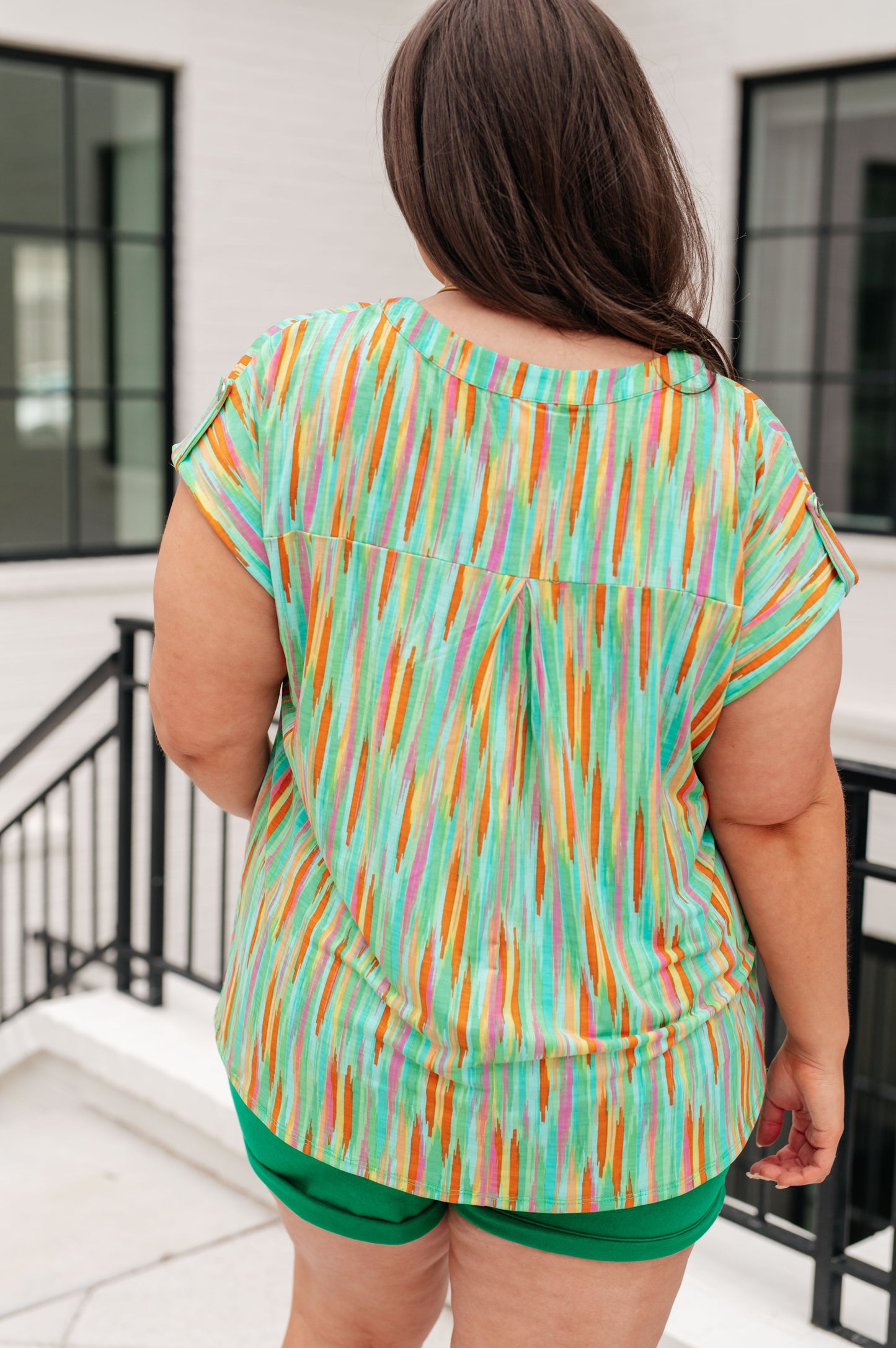 Cap Sleeve Top in Lime and Emerald Multi Stripe