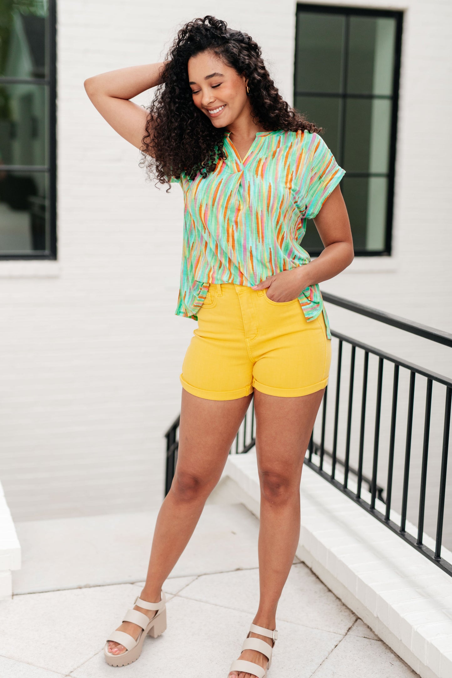 Cap Sleeve Top in Lime and Emerald Multi Stripe