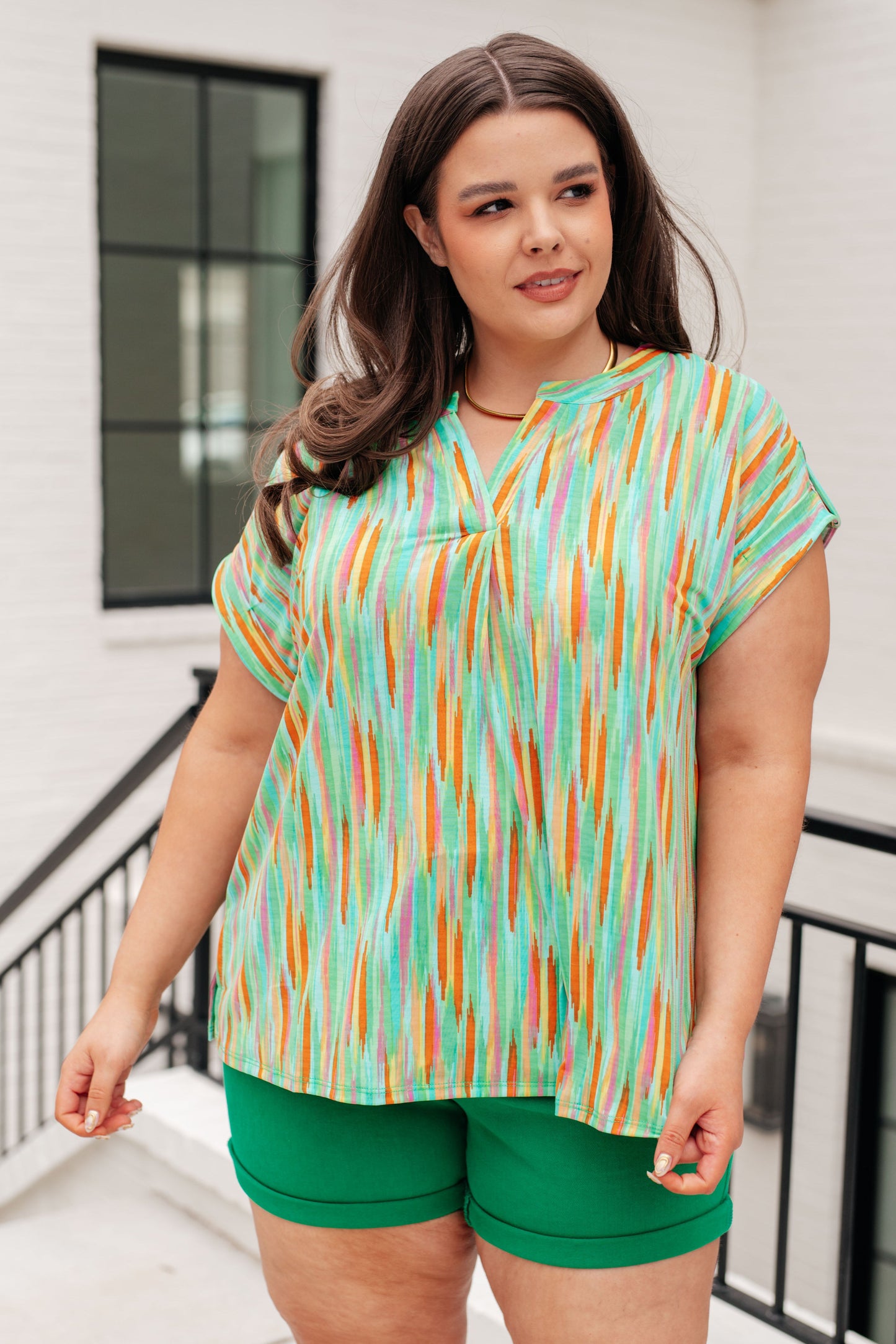 Cap Sleeve Top in Lime and Emerald Multi Stripe