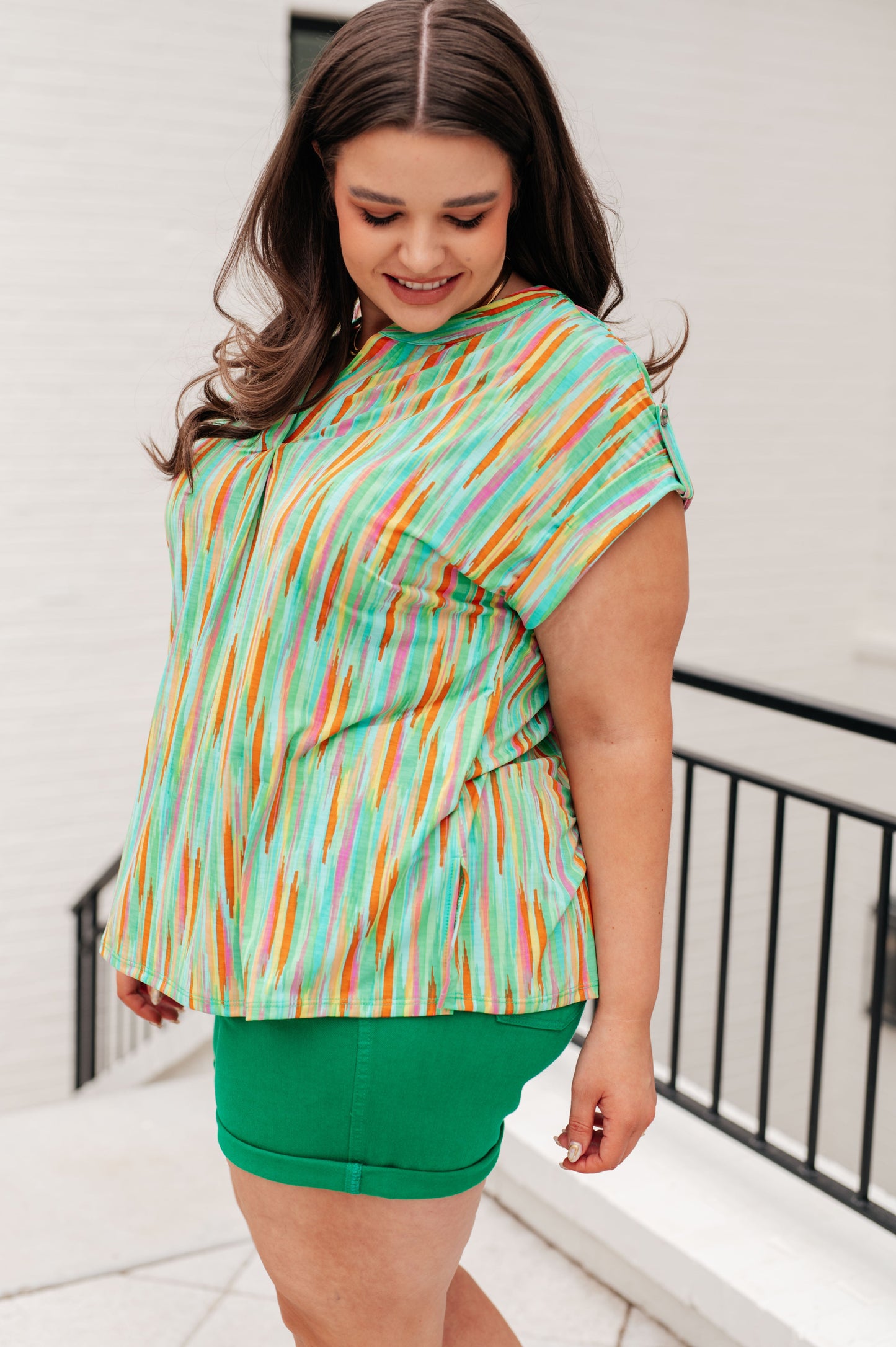 Cap Sleeve Top in Lime and Emerald Multi Stripe