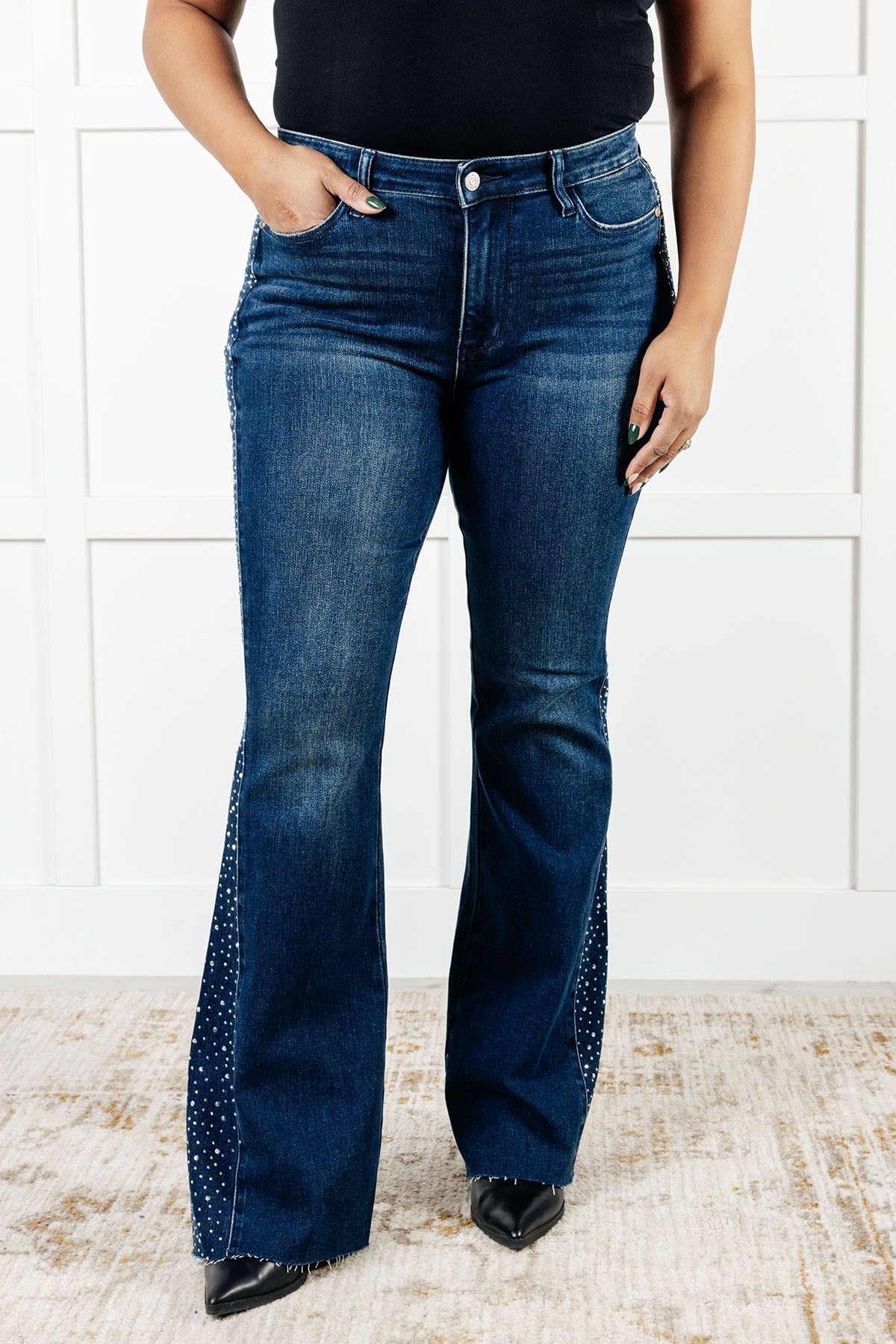 Judy Blue Mid Rise Rhinestone Detail Flare Jeans