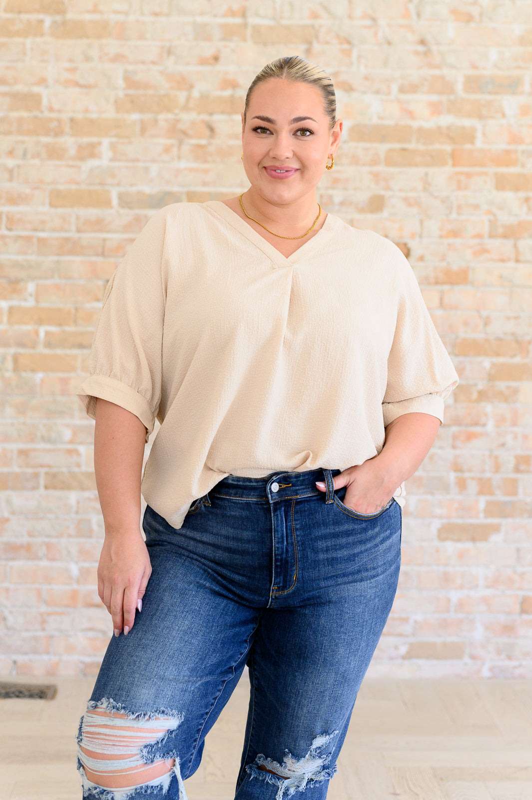 V-Neck Blouse in Taupe