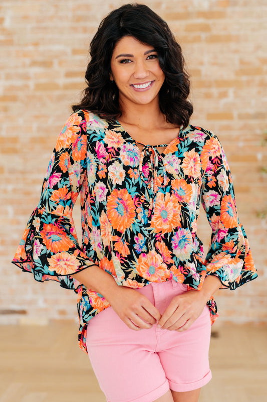 Bell Sleeve Top in Black and Persimmon Floral