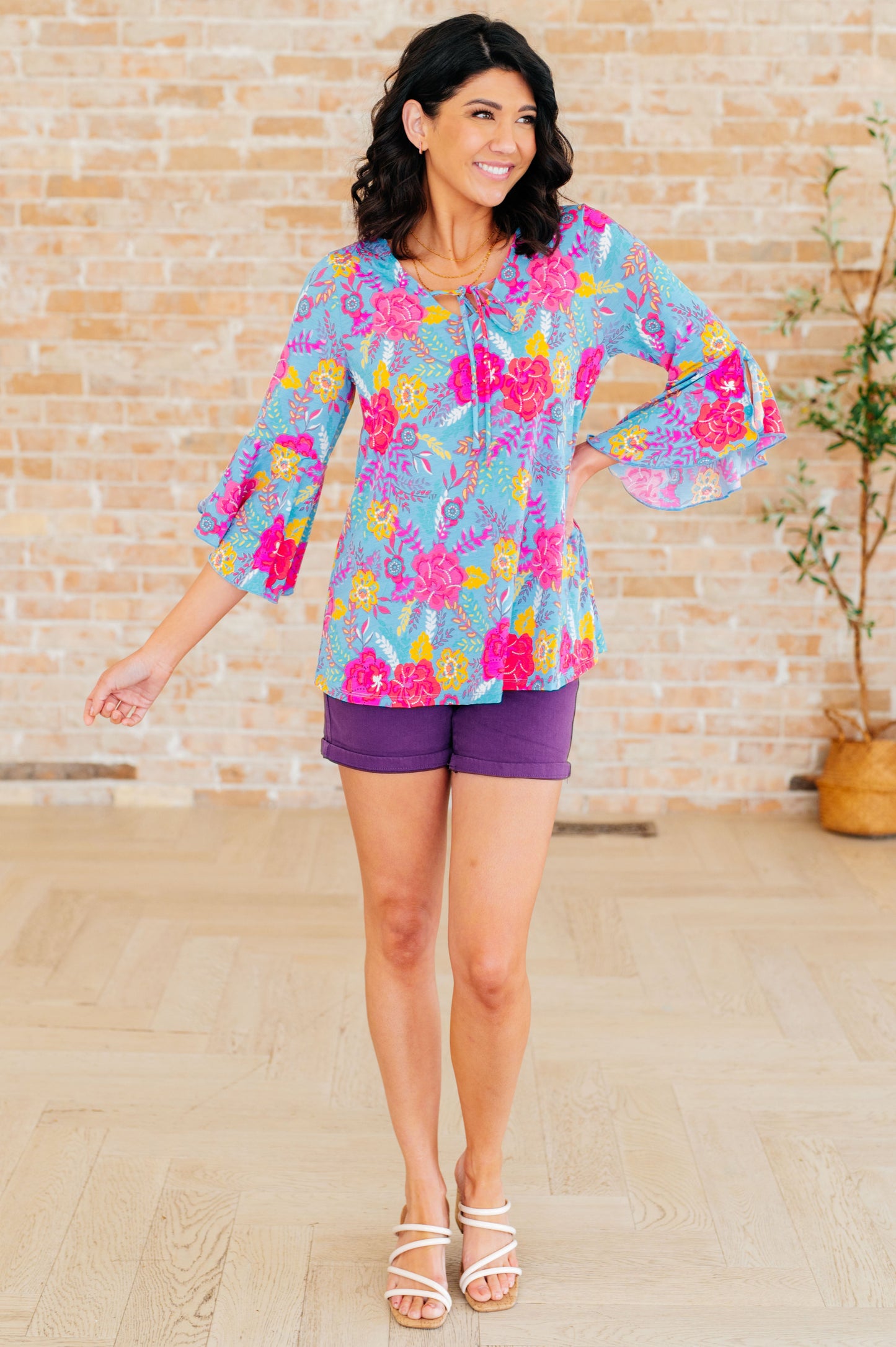 Bell Sleeve Top in Bright Blue Floral