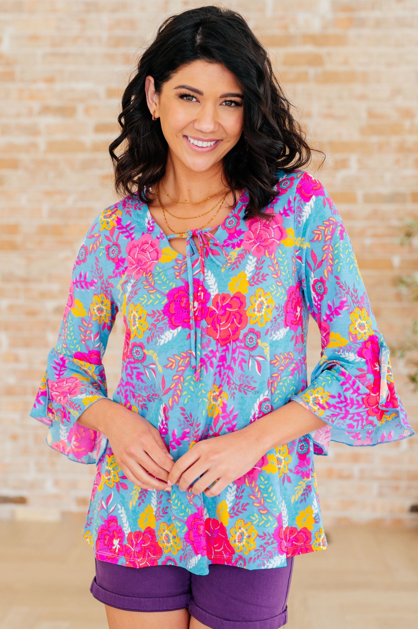 Bell Sleeve Top in Bright Blue Floral