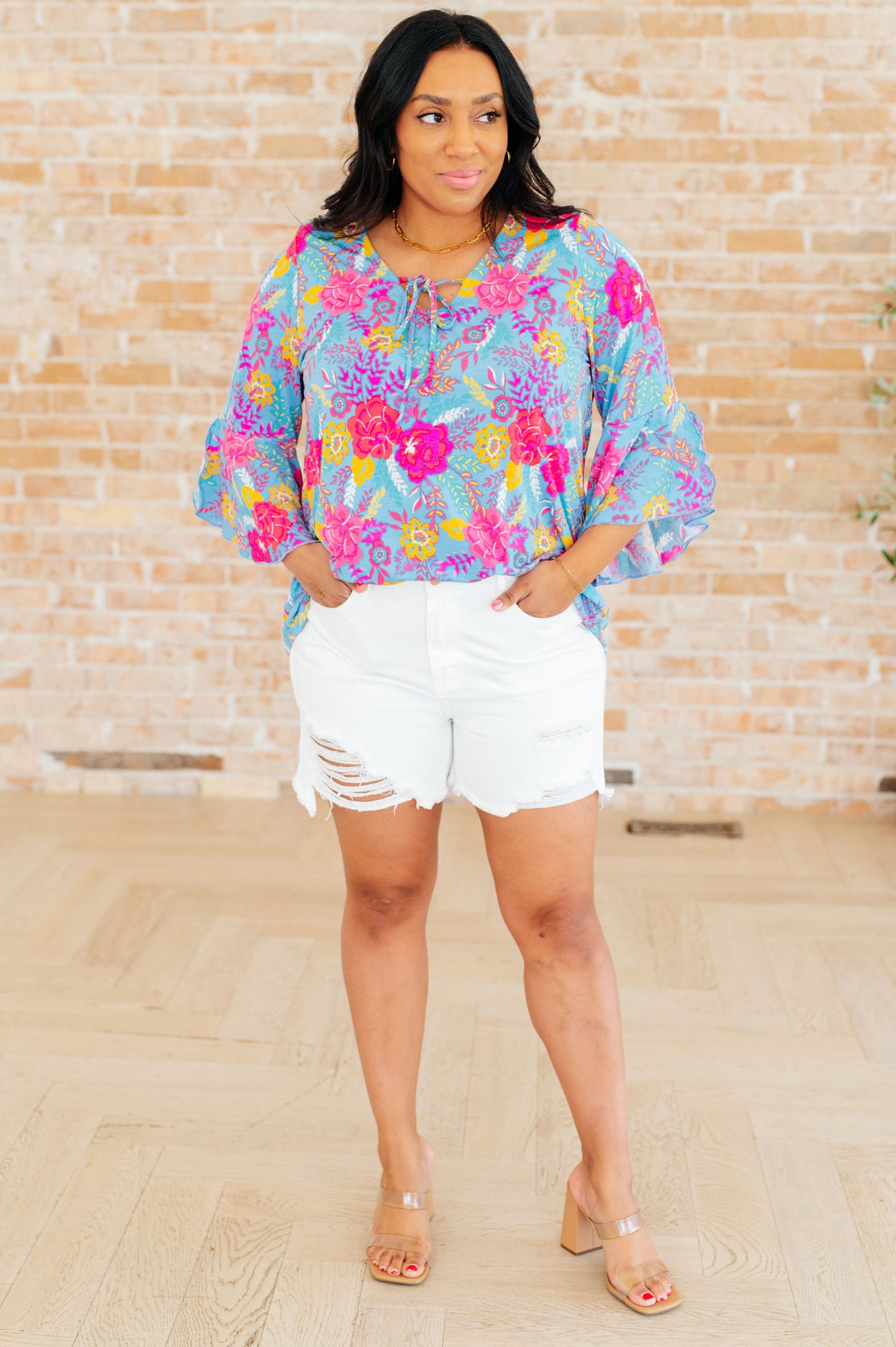 Bell Sleeve Top in Bright Blue Floral