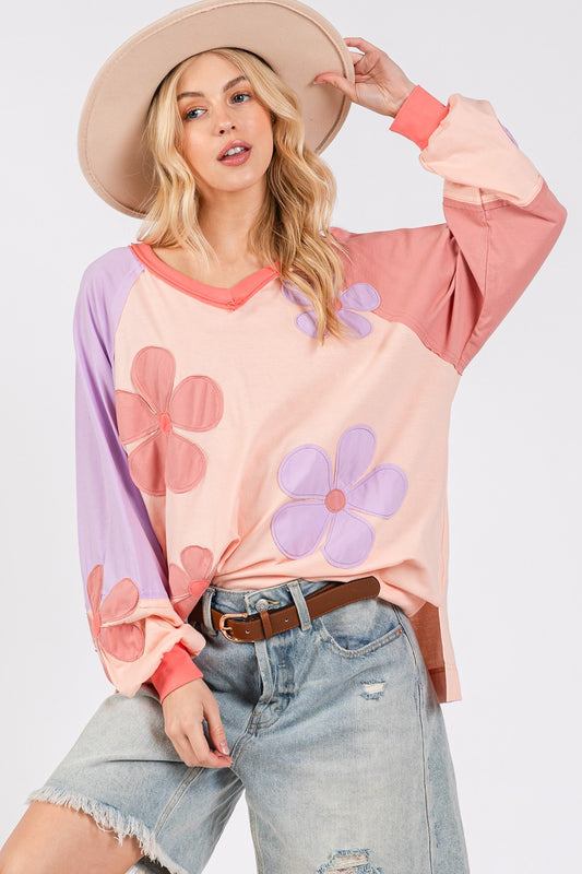 Daisy Applique Patch Color Block Long Sleeve Top