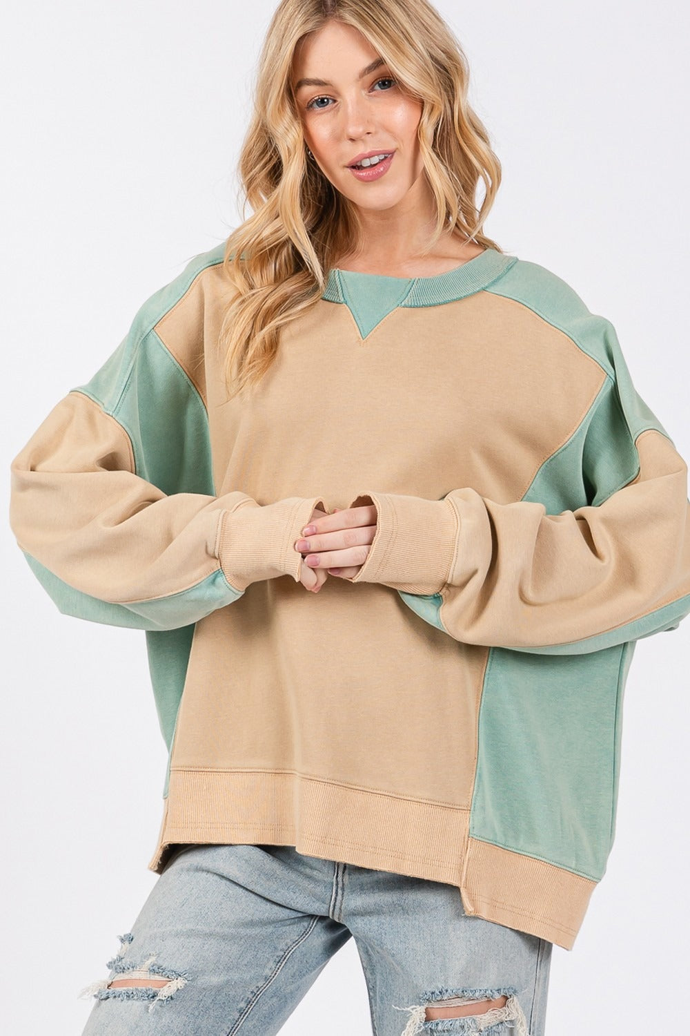 Misses Color Block Round Neck Sweatshirt