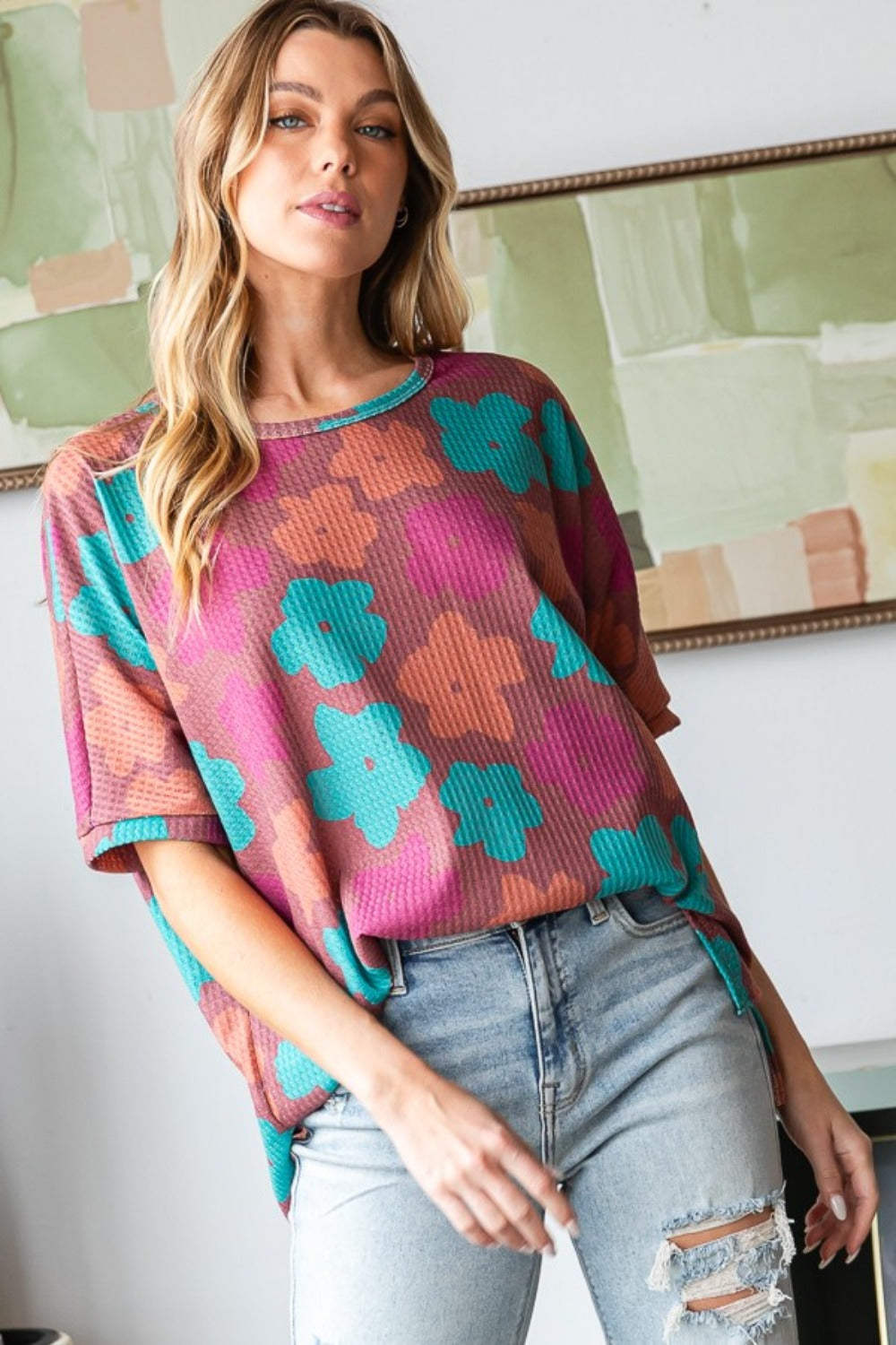 Floral Round Neck Side Slit T-Shirt