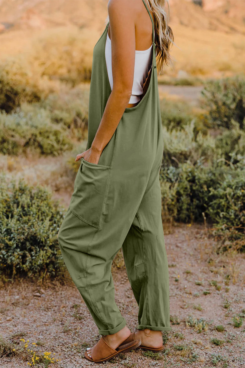 Solids V-Neck Sleeveless Jumpsuit with Pockets