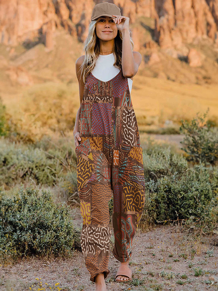 Caramel Pattern V-Neck Sleeveless Jumpsuit