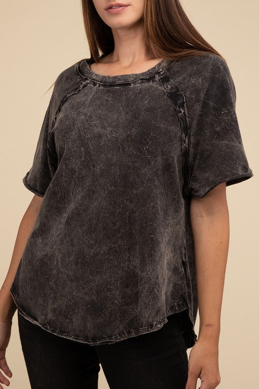 Back Patch Crinkle Washed Raglan Sleeve T-Shirt