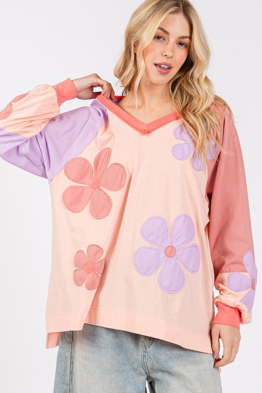 Daisy Applique Patch Color Block Long Sleeve Top