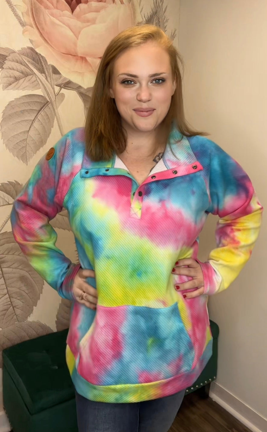 Quilted Button Snap Pullover - Tie Dye Margarita - AnnRose Boutique