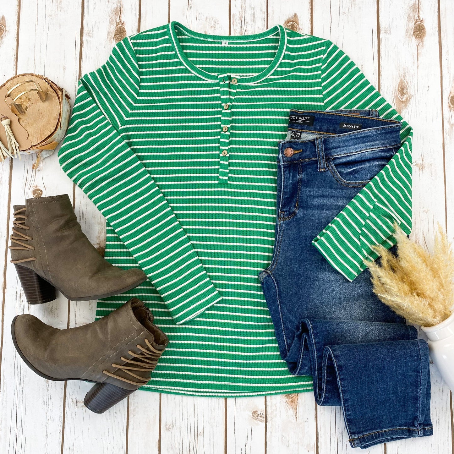 Long Sleeve Henley - Green and White Stripe