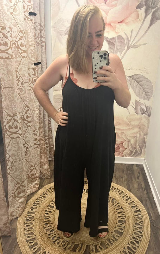 Black Baggy Romper With Pockets - AnnRose Boutique