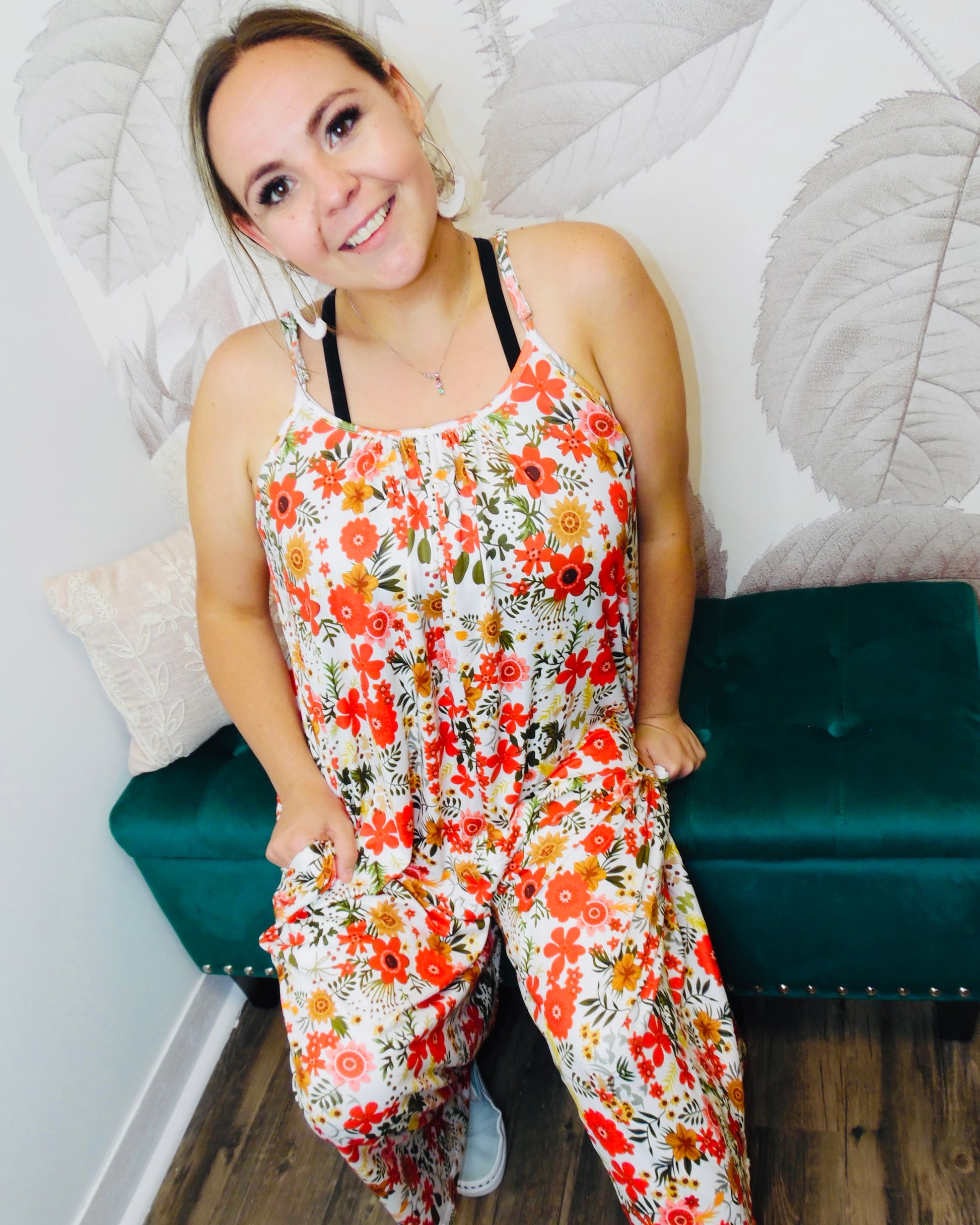 Floral Retro Baggy Romper With Pockets - AnnRose Boutique