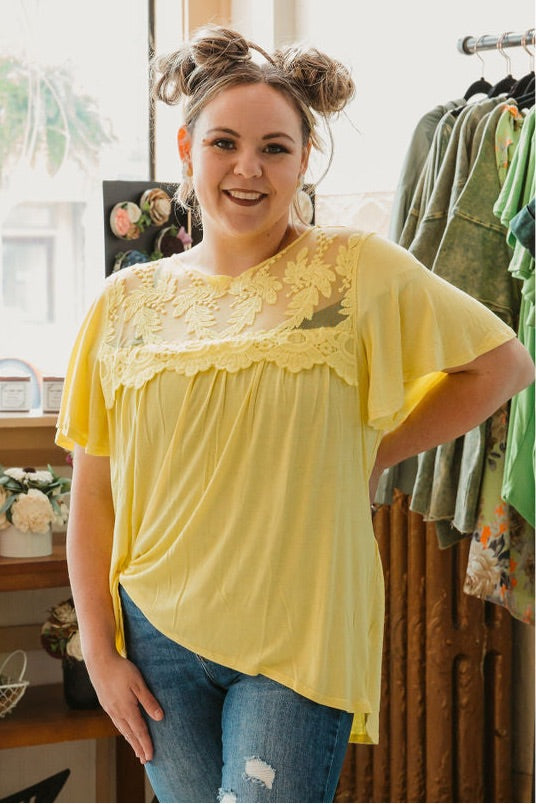 Lace Embroidered Top in Yellow Mousse - AnnRose Boutique