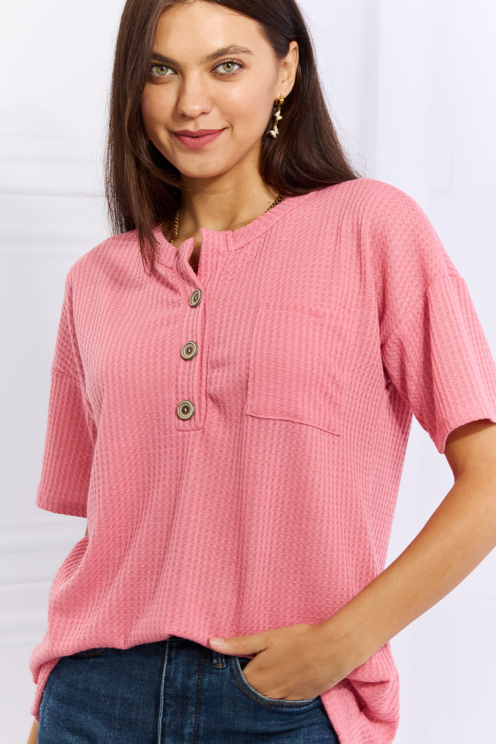 Heimish Made For You Full Size 1/4 Button Down Waffle Top in Coral - AnnRose Boutique