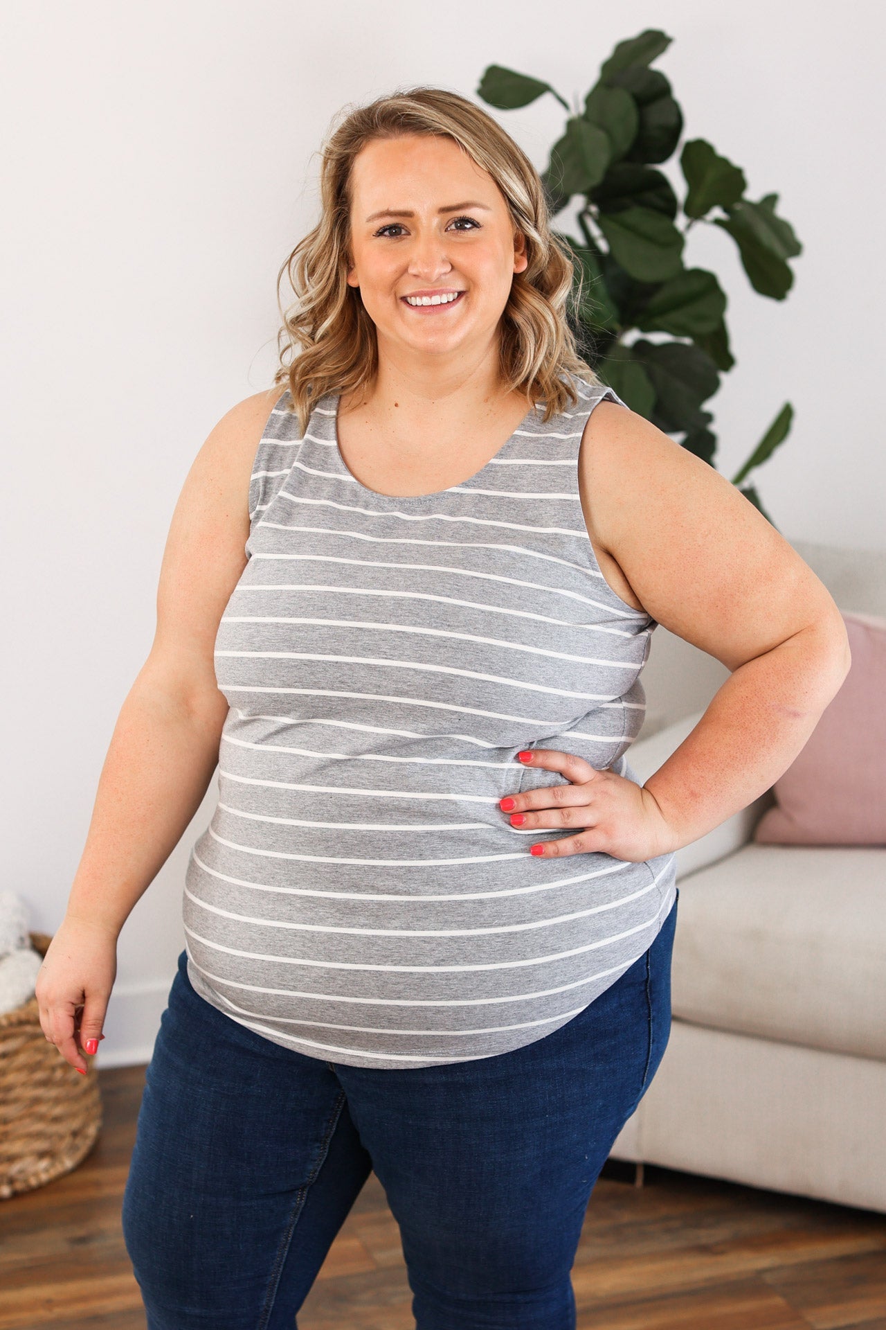 Tiffany Tank - Grey with White Stripes - AnnRose Boutique