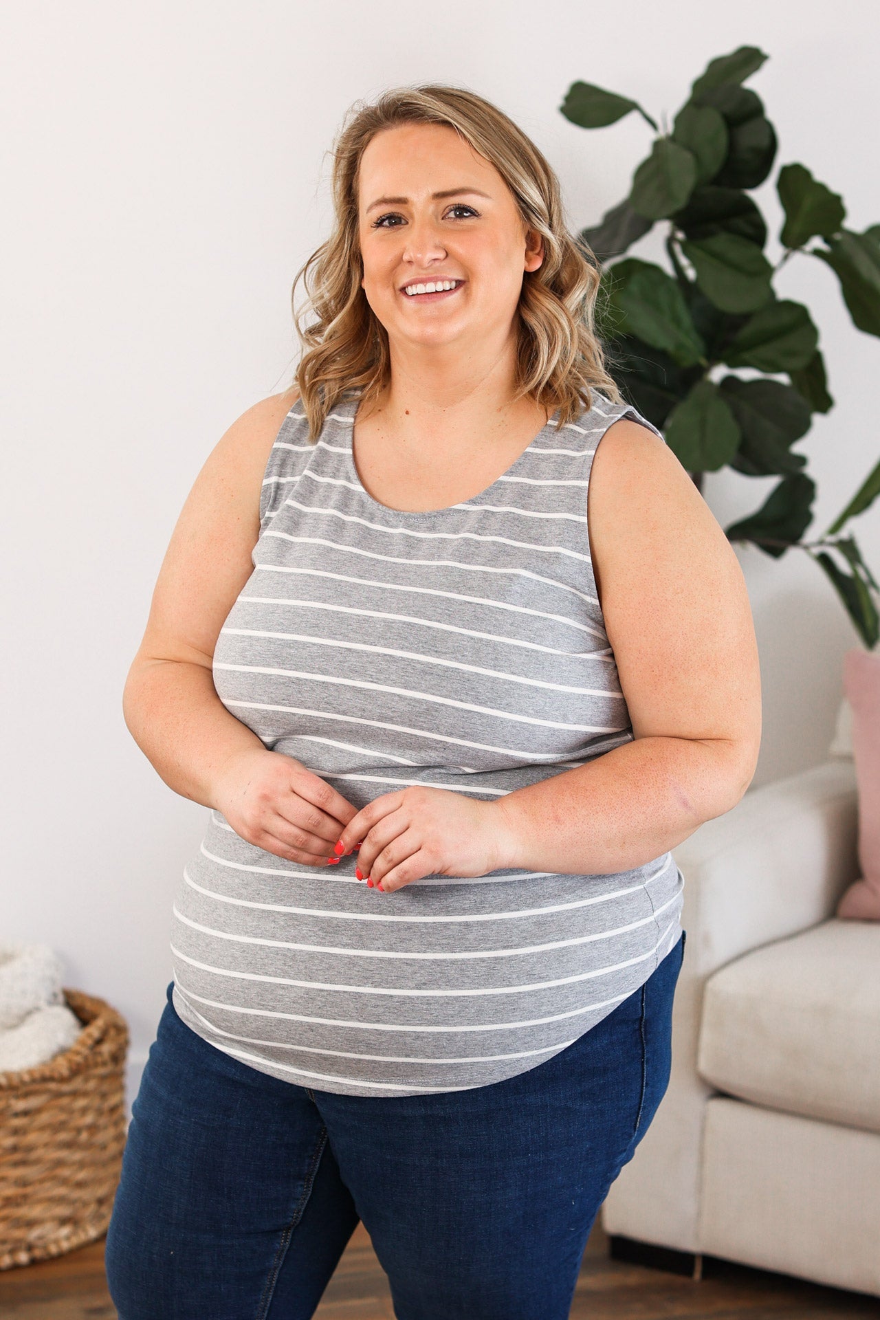 Tiffany Tank - Grey with White Stripes - AnnRose Boutique