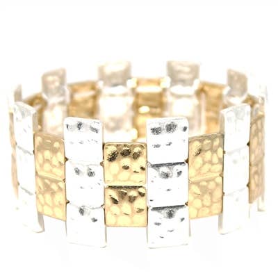 Worn Gold and Silver Textured Square Stretch Bracelet