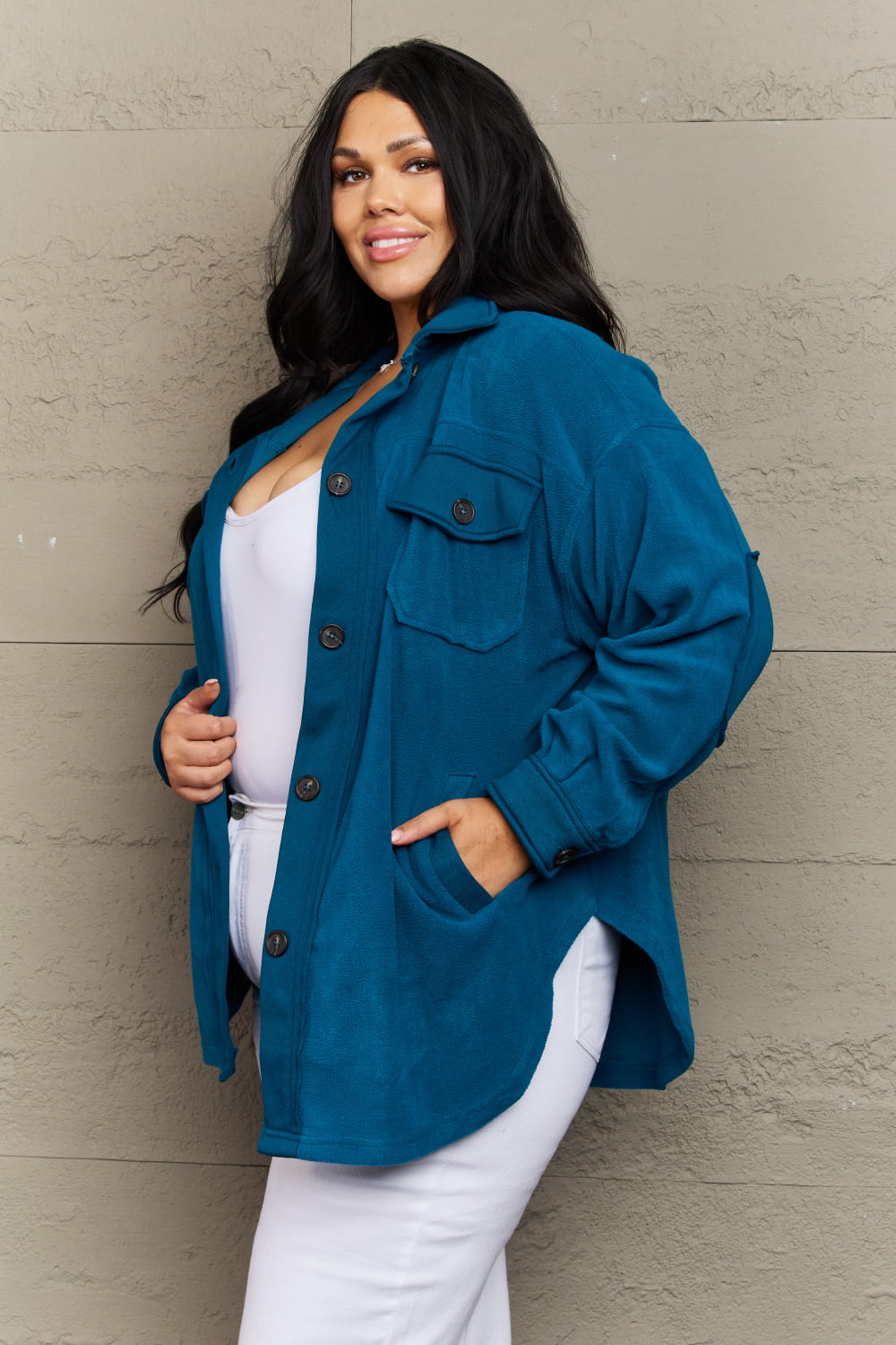 Zenana Cozy in the Cabin Full Size Fleece Elbow Patch Shacket in Teal - AnnRose Boutique