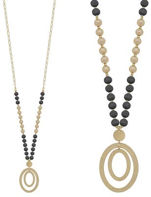 Black and Gold Beaded with Double Oval Gold Drop Necklace