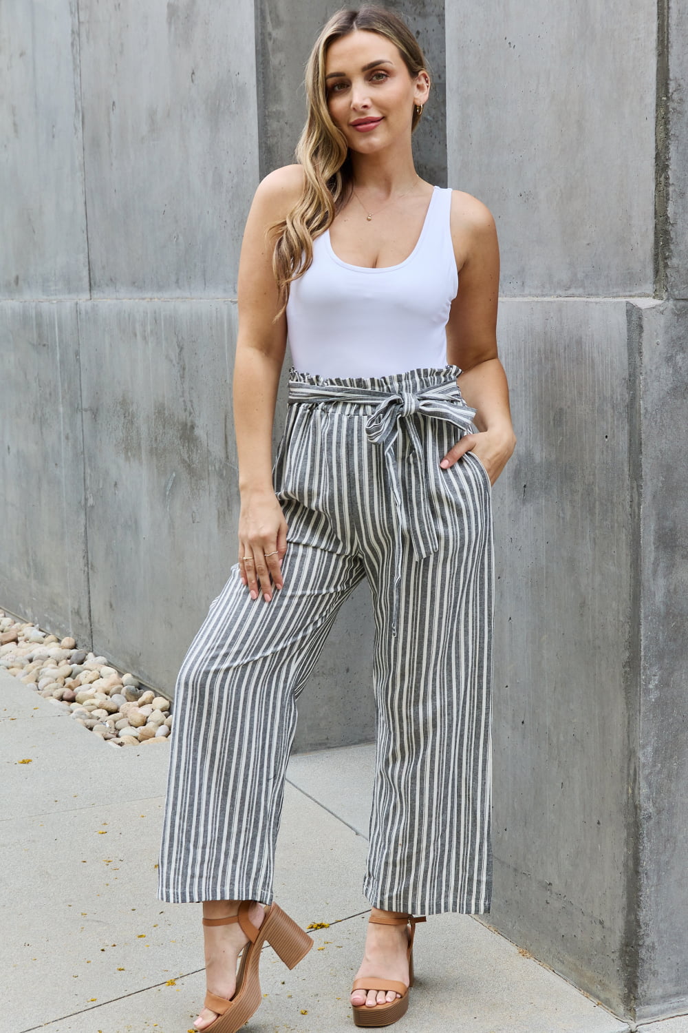 Heimish Find Your Path Full Size Paperbag Waist Striped Culotte Pants - AnnRose Boutique
