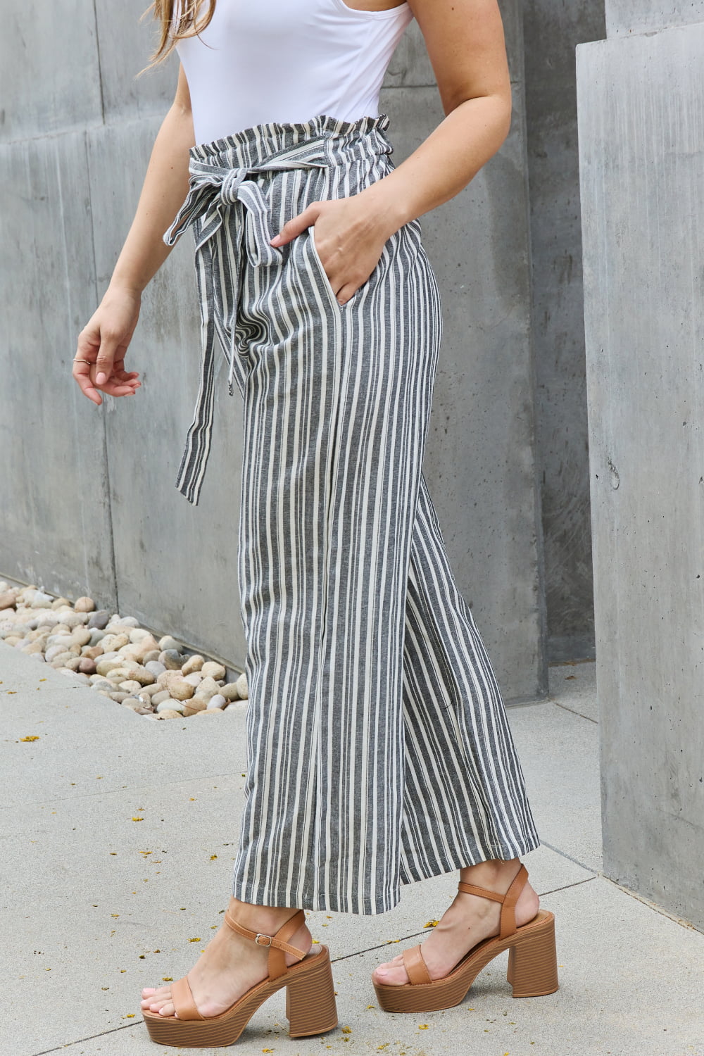 Heimish Find Your Path Full Size Paperbag Waist Striped Culotte Pants - AnnRose Boutique