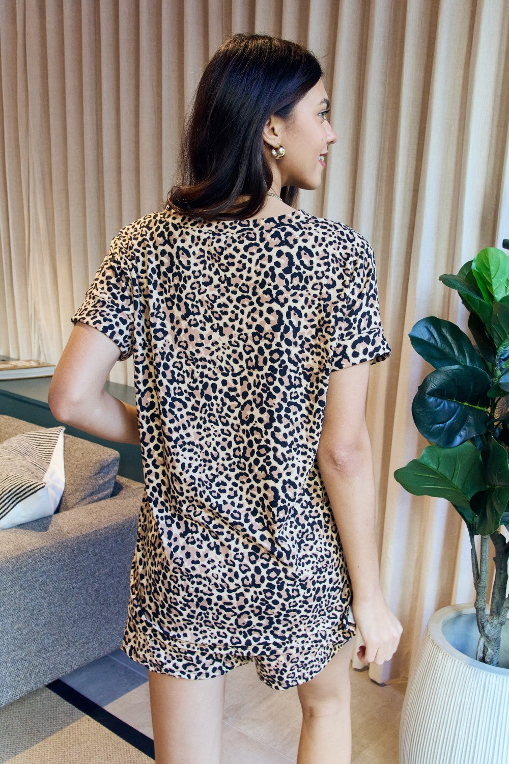 Leopard V-Neck Top and Drawstring Shorts Lounge Set - AnnRose Boutique