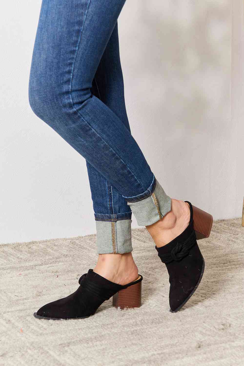 Pointed-Toe Braided Trim Mules