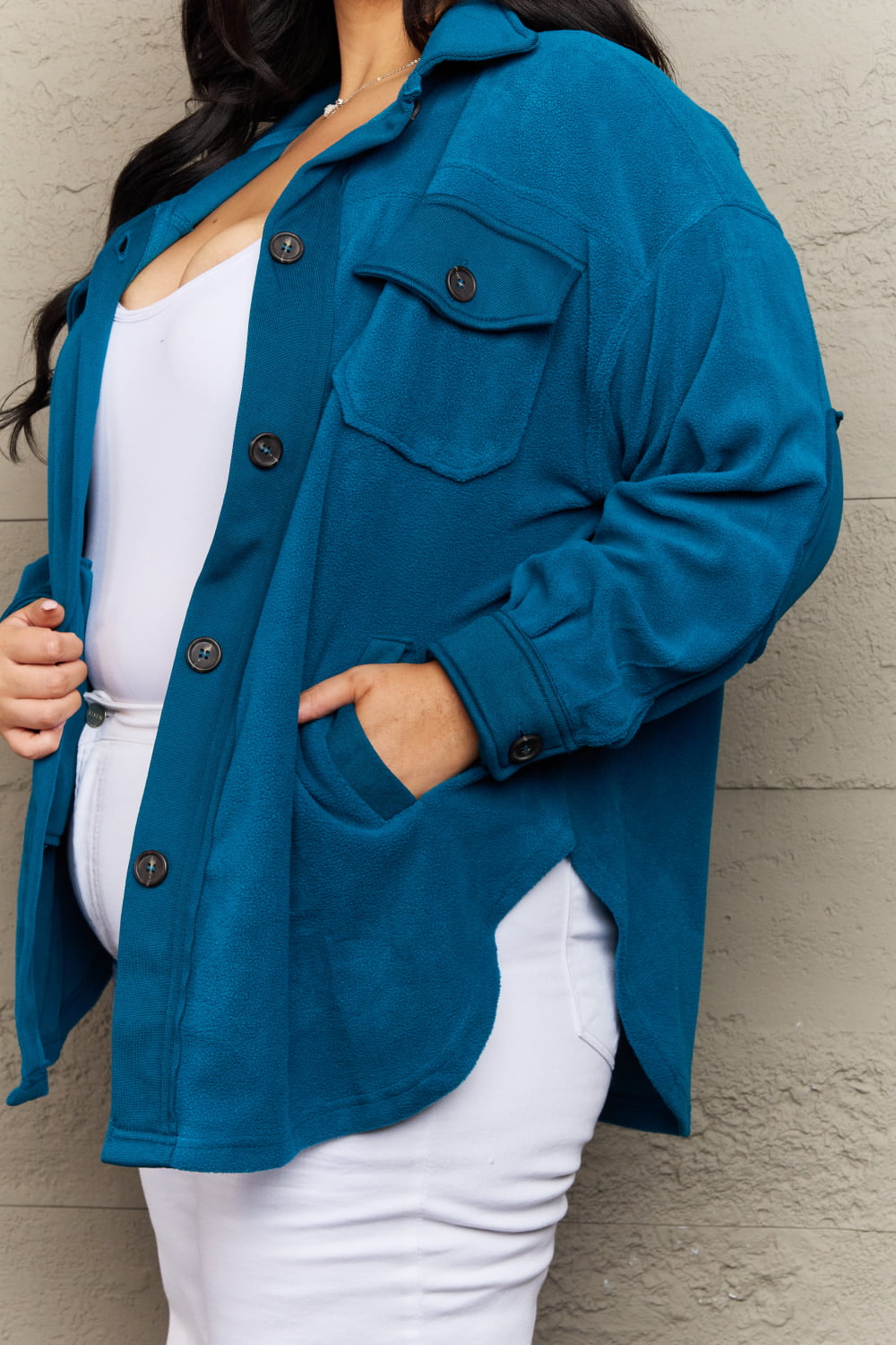 Zenana Cozy in the Cabin Full Size Fleece Elbow Patch Shacket in Teal - AnnRose Boutique