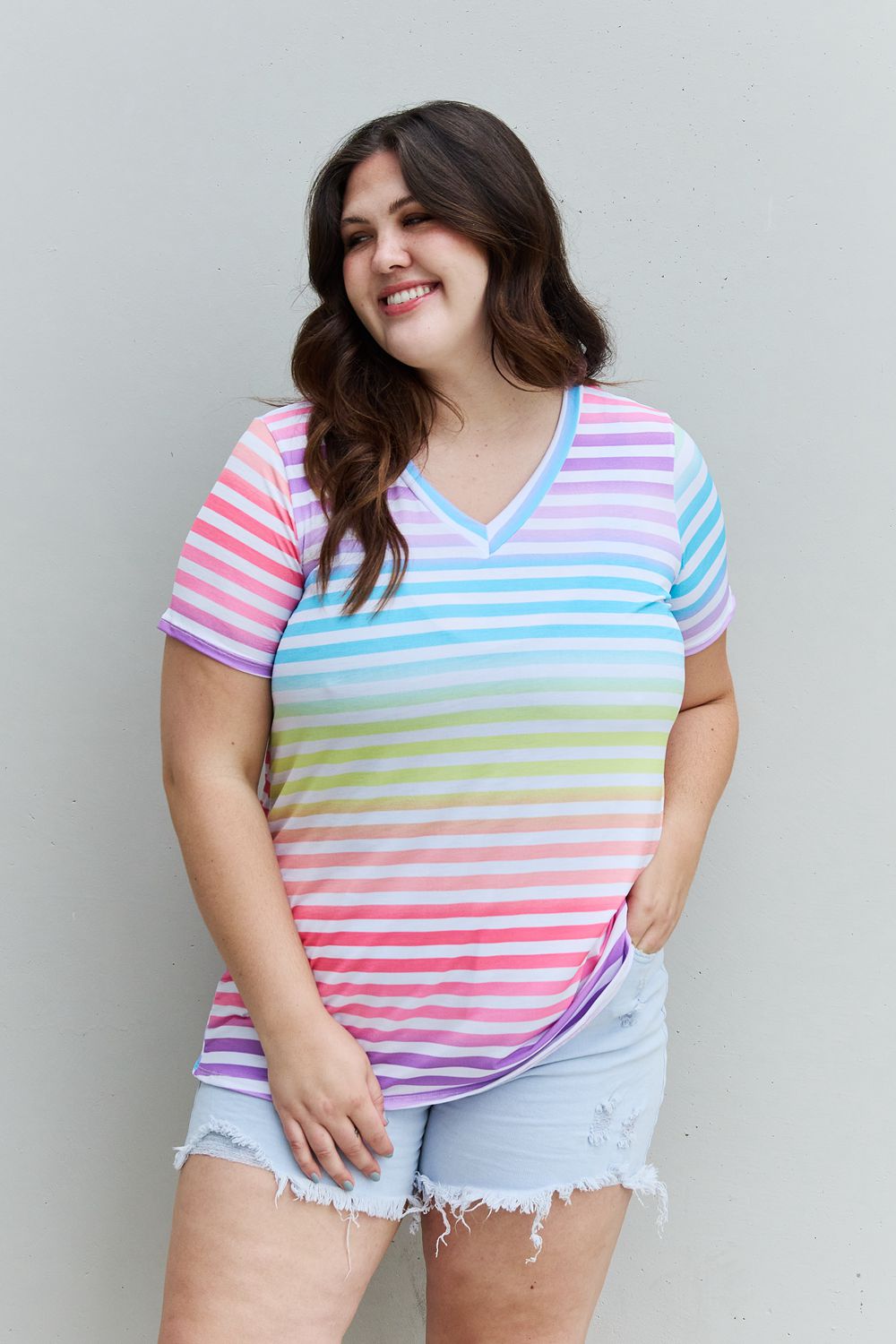 Multicolored Striped V-Neck Short Sleeve Top - AnnRose Boutique