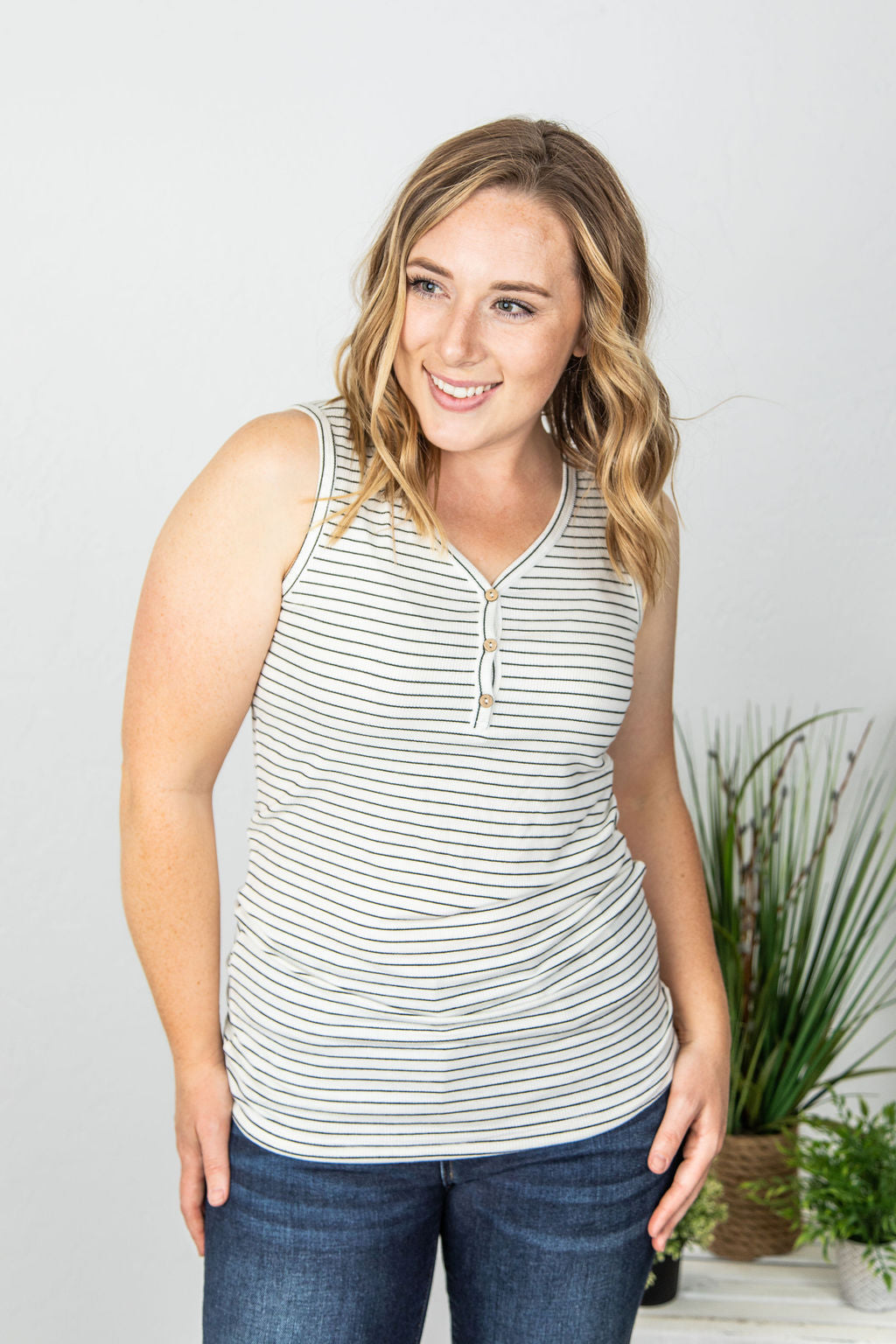 Addison Henley Tank - Ivory and Black Stripes - AnnRose Boutique