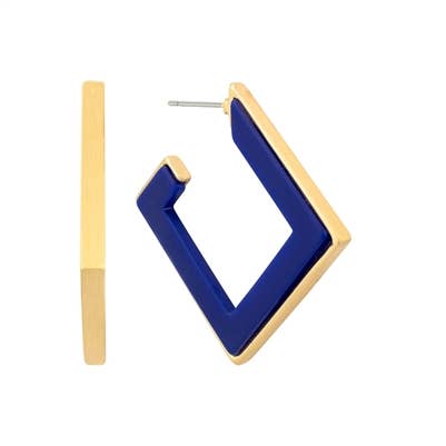 Navy Blue Wood and Gold Squared Hoop 2" Earring