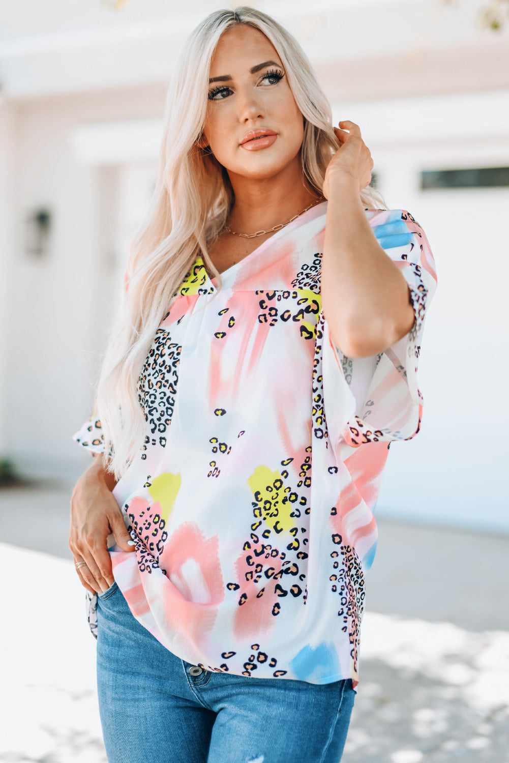 Mixed Print V-Neck Half Sleeve Top - AnnRose Boutique