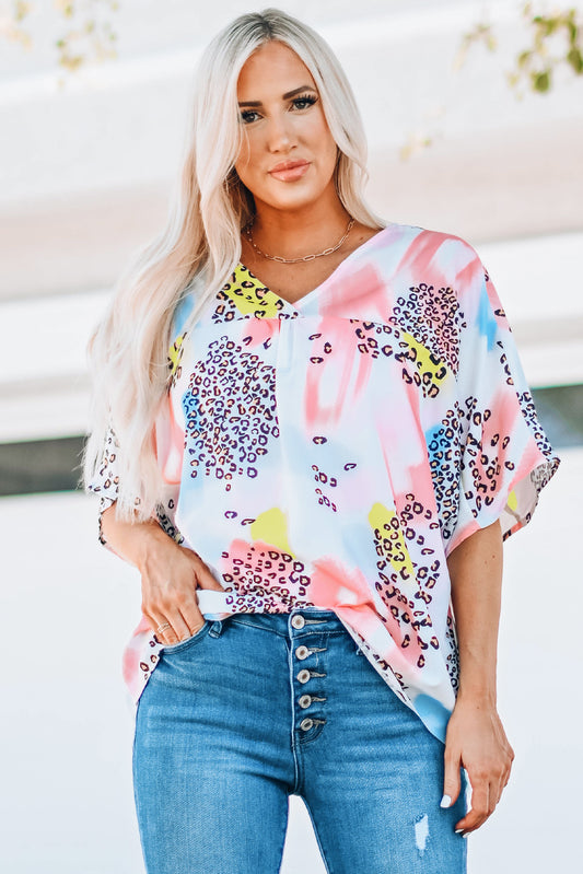 Mixed Print V-Neck Half Sleeve Top - AnnRose Boutique