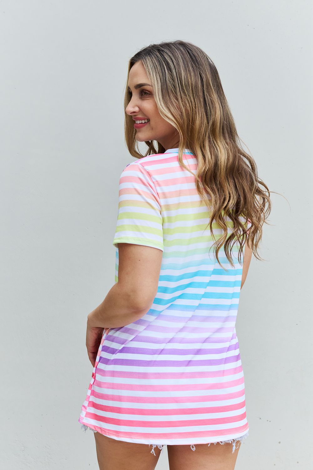Multicolored Striped V-Neck Short Sleeve Top - AnnRose Boutique