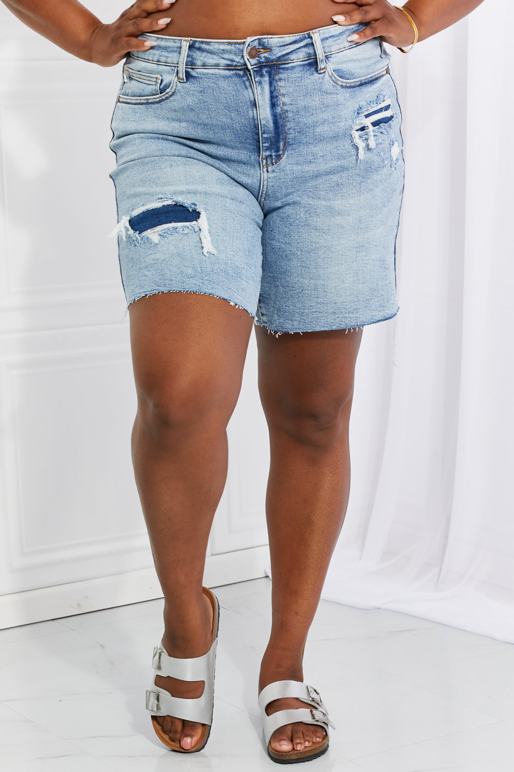 Judy Blue Mid-Length Denim Patch Shorts - AnnRose Boutique